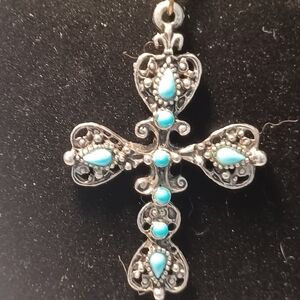 Cross Necklace Silvertone Filigree With Turquoise 20" Chain